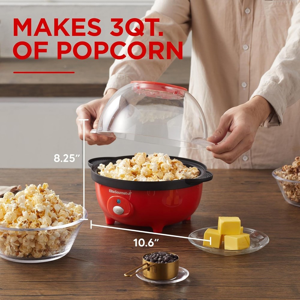 Elite Gourmet EPM330R Automatic Stirring 12-cup Popcorn Maker 3-Quart, Red