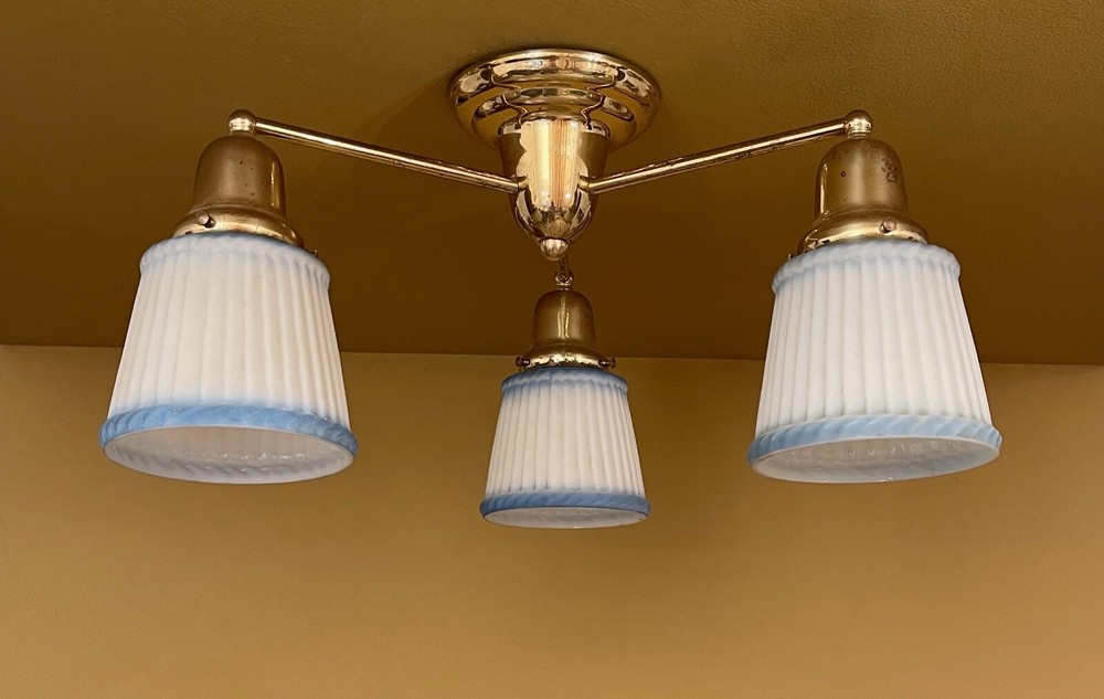 VERY LOW brass ceiling light with Blue Shades