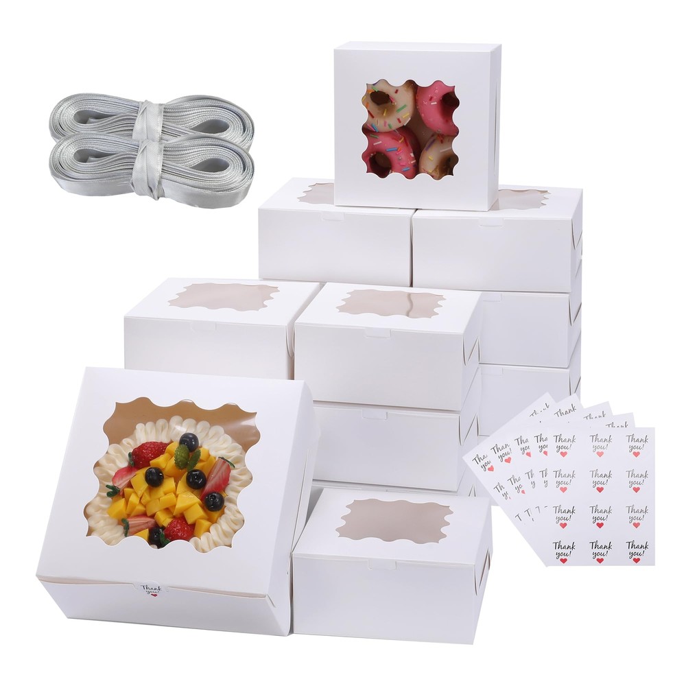 White Bakery Boxes Cake Boxes with Window 24pcs 8x8x4 Inches Cookie Boxes Pas...