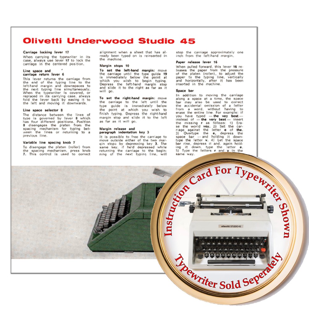 Olivetti Studio 45 Typewriter Instruction Card Owner's Guide User Directions