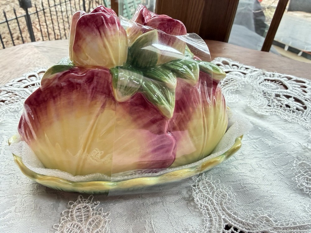 Botanical Collection Corner Ruby Roses Flower Multicolor Butter Dish Ceramic NEW