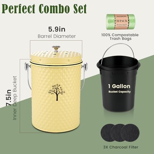 Countertop Compost Bin Kitchen,Odor Resistant Indoor Compost Bin with Yellow