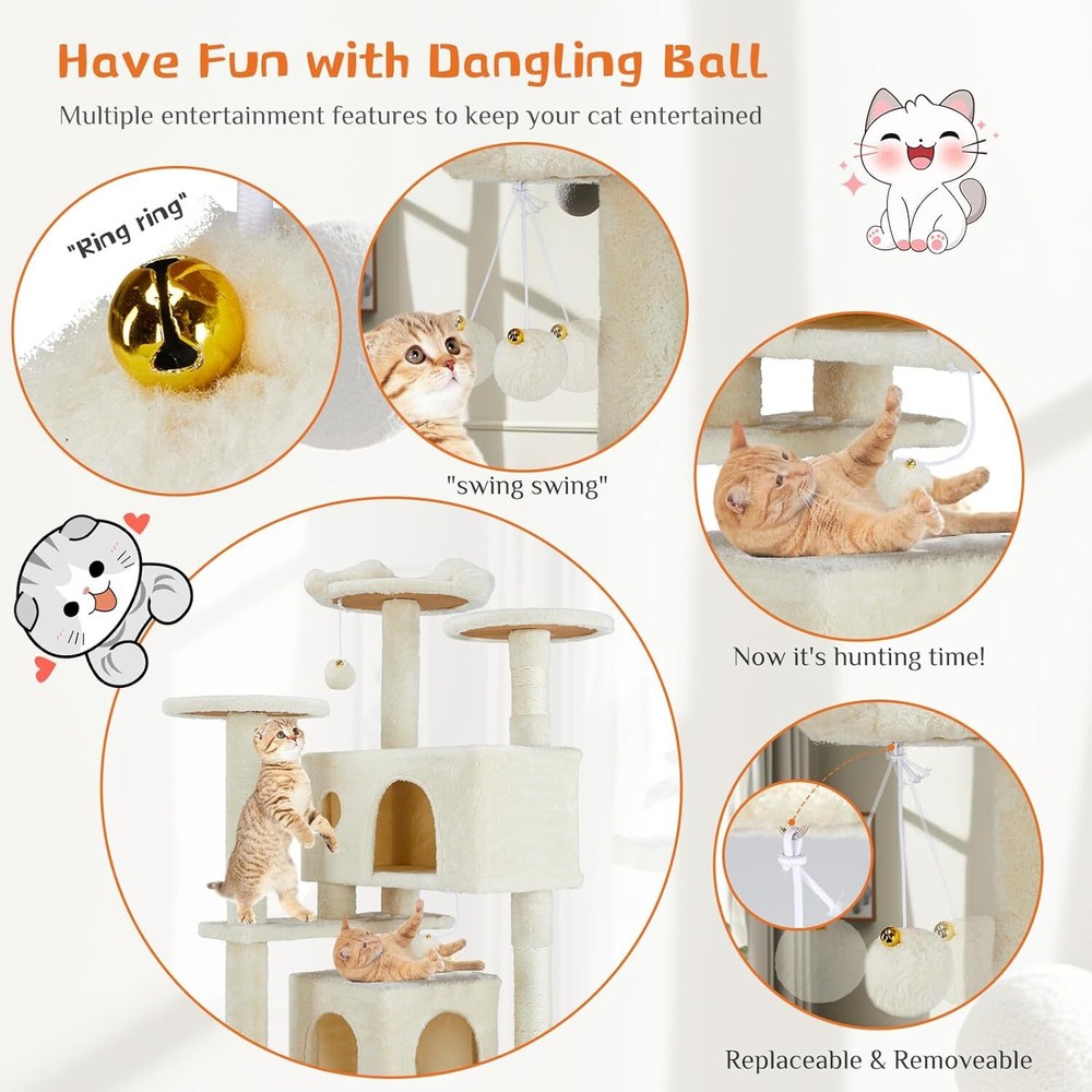 54" Modern Cat Tree. Multi-Level. With Scratching Posts & Perches. For Cats