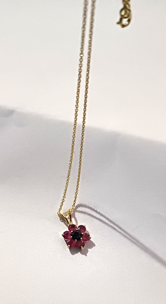 Natural Ruby &Sapphire Pendant Necklace 14K Solid Gold Plating Gemstone Necklace