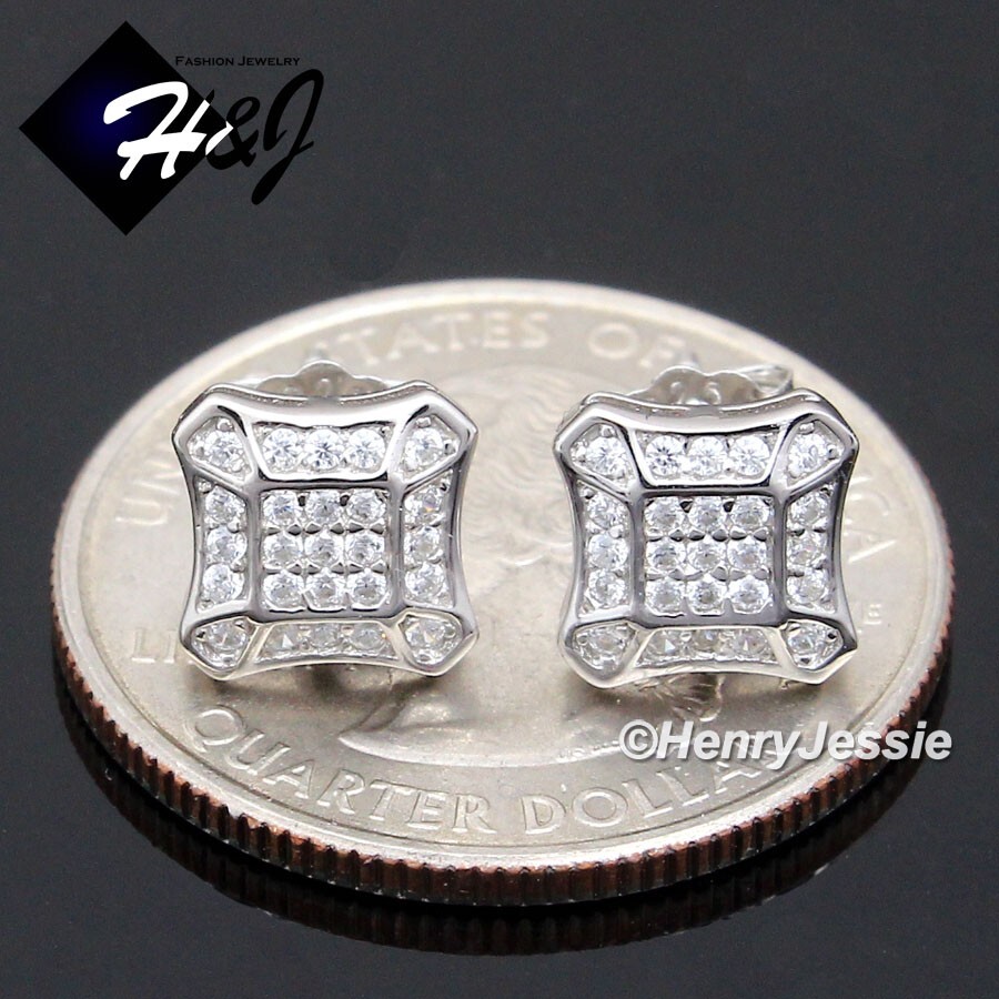MEN WOMEN SOLID 925 STERLING SILVER ICY BLING CZ 8MM 3D SQUARE STUD EARRING*E233