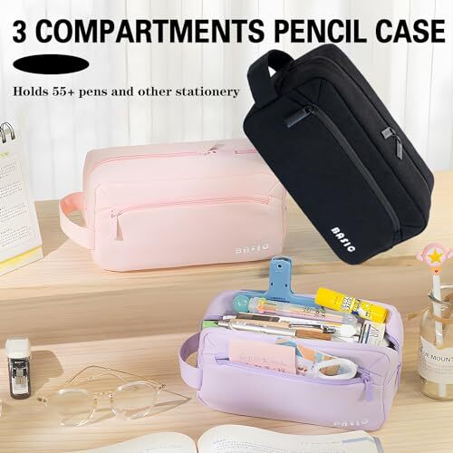 Large Capacity Pencil Case 3 Compartments, Portable Pencil Case with Black