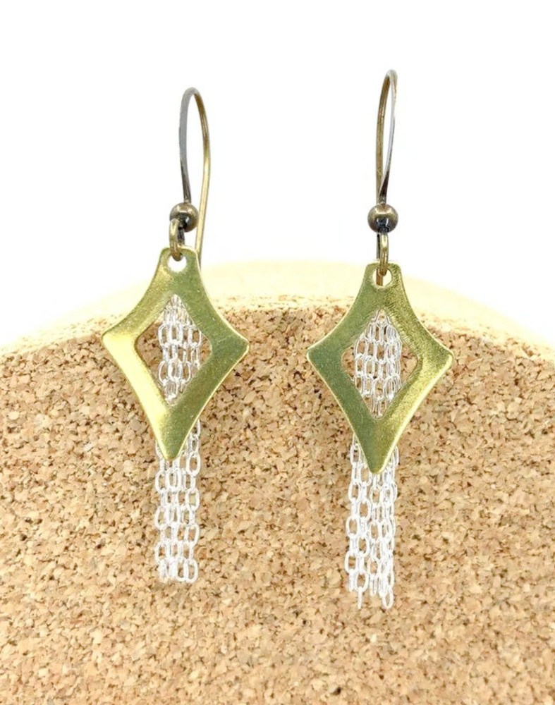 Open Brass Diamond Shape With Silver Fringe Earring