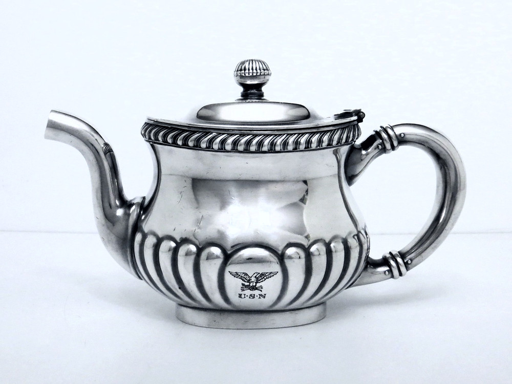 GORHAM SILVER SOLDERED WWI–INTERWAR USN OFFICERS’ TEAPOT HORIZONTAL EAGLE CREST