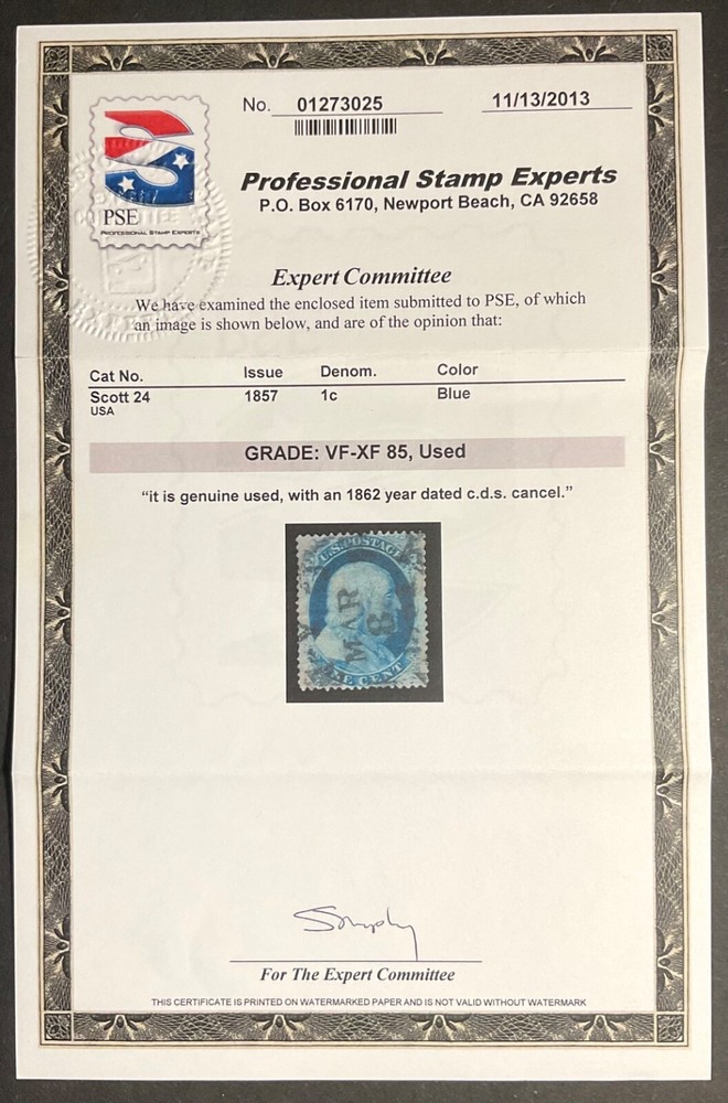 #24 Used PSE Graded 85 with 1862 C.D.S., PSE Cert # 01273025