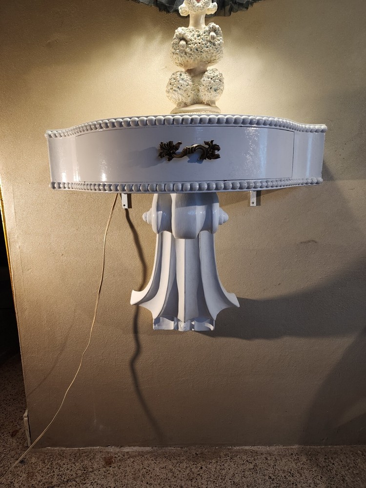 PAIR MID CENTURY MODERN Side Table or Consoles, Violin Scrolls Gloss White.