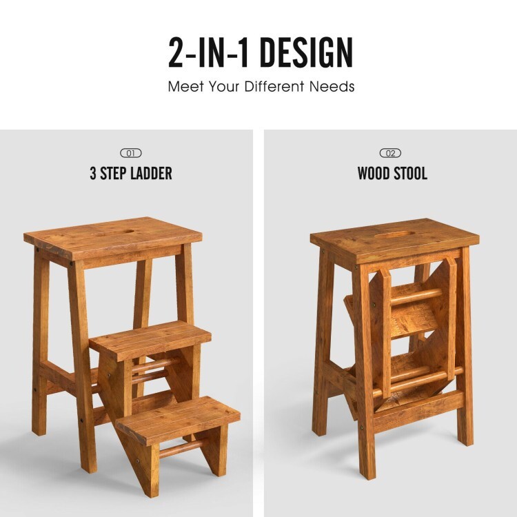 3-in-1 Multifunctional Wood Step Stool Step Ladder Folding w/Convenient Handle