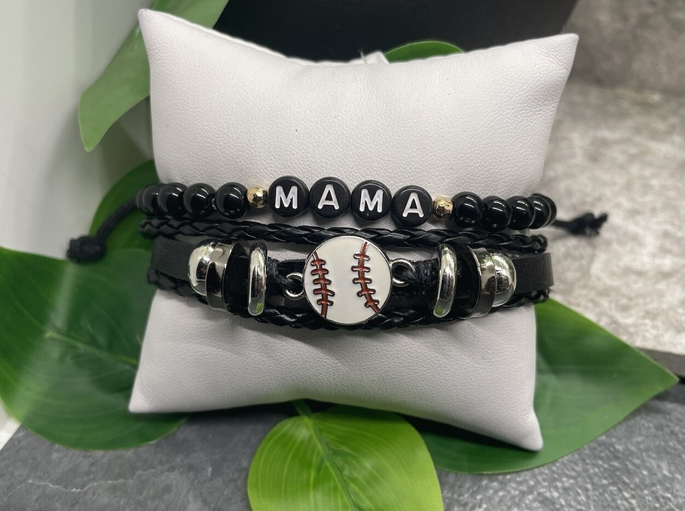 2 PC Baseball Mama Bead PU Leather Bracelet Stackable Adjustable Tie New B828