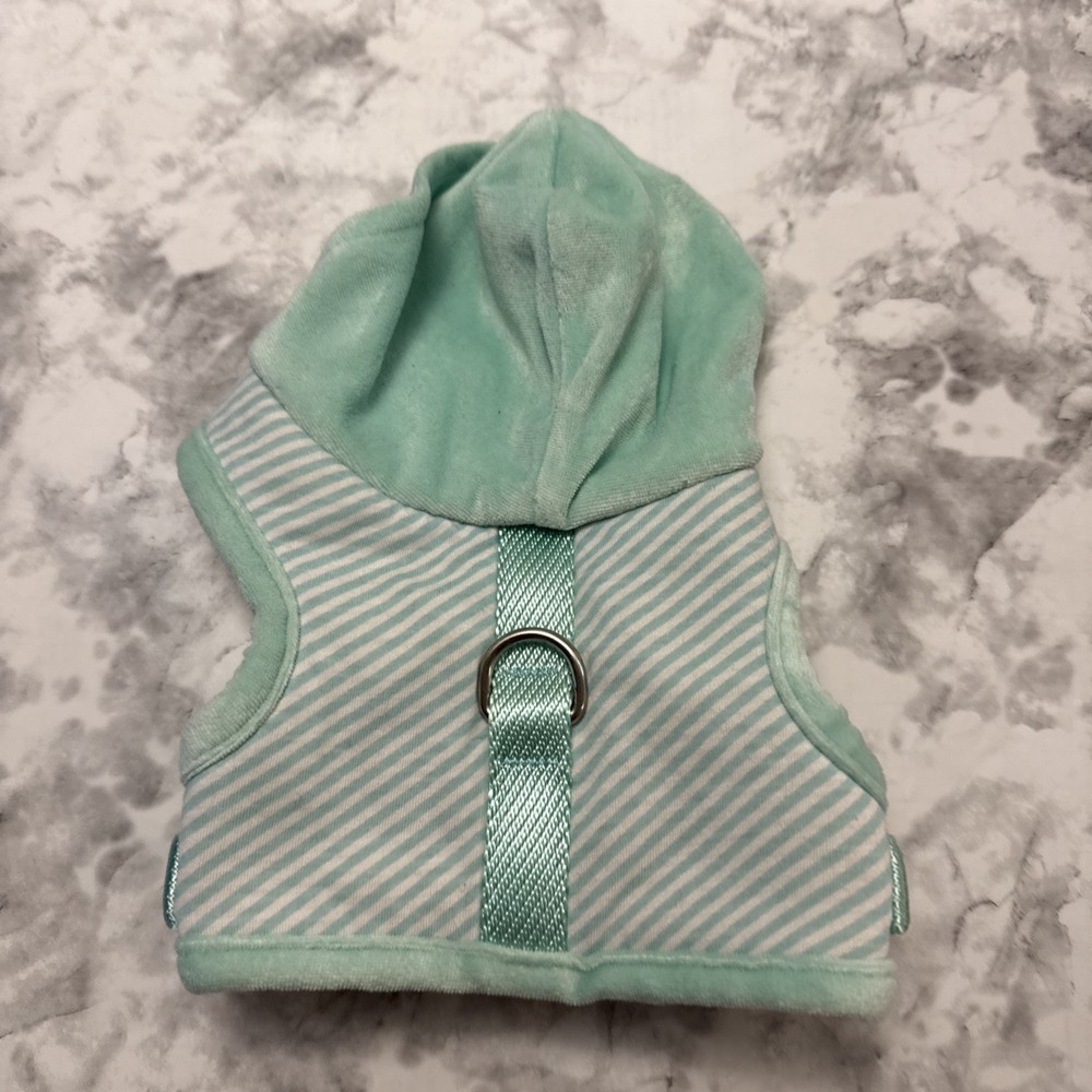 Velour Harness With Hood Mint/White Stripe Adjustable Leash Ring Double Thick S