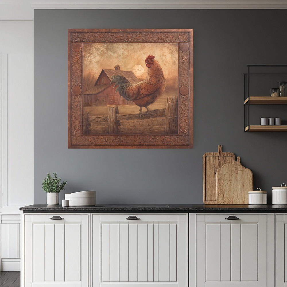 Copper Embossed Look Mediterranean Rooster Glass Backsplash • Rustic Kitchen