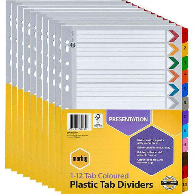 10 Pack Marbig Index Divider Manilla 1-12 Numbers Tab A4 Assorted Bulk