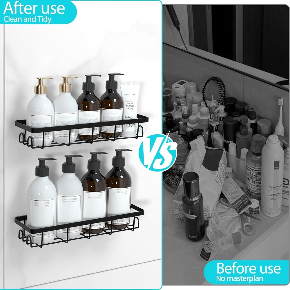 2-Pack Self-Adhesive Shower Caddy Organizer with Hooks Black