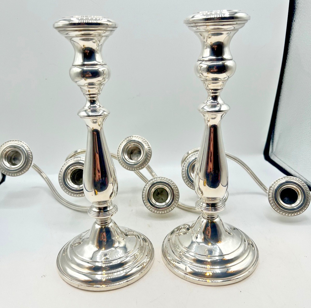 pair of Empire sterling silver three-light candelabras