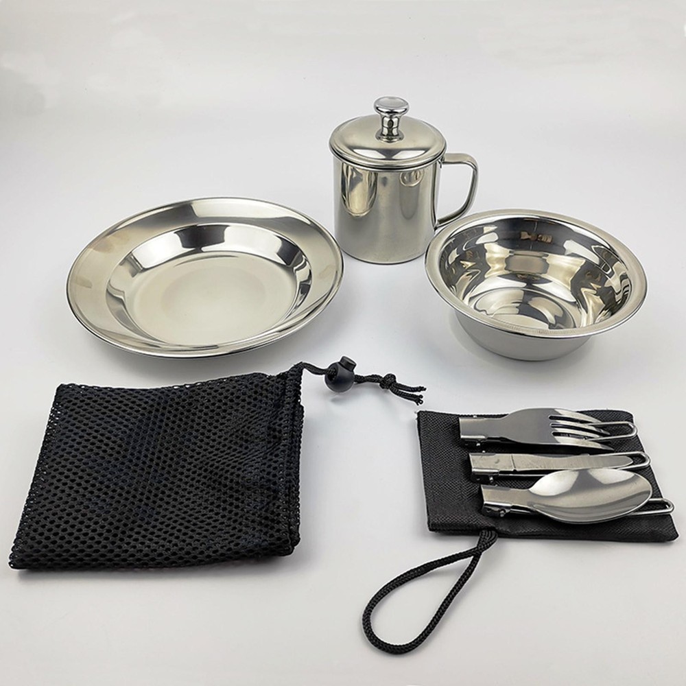 Camping Cookware Dinnerware Set Stainless Steel Accessory Space Saving for
