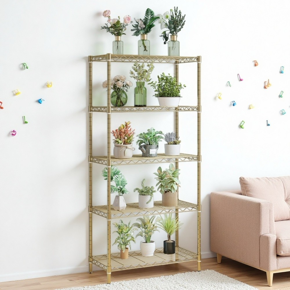 5-Tier Wire Shelving Unit - Heavy Duty, Adjustable, Gloss Gold & Modular