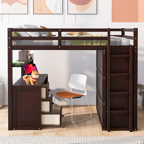Twin Full Size Loft Bed with Desk Wardrobe Storage Cabinet Solid Wood Bed Frames
