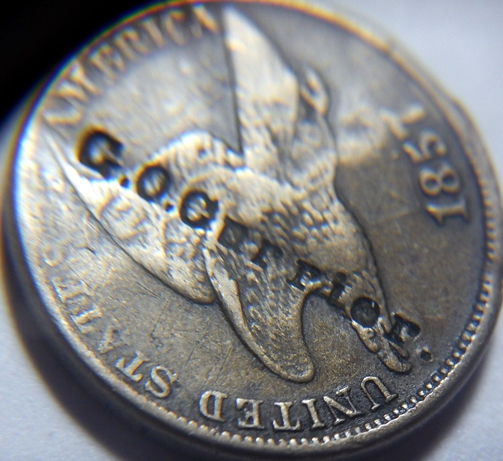 Flying eagle cent/penny 1857 typewriter script counterstamp G.O. Currier.