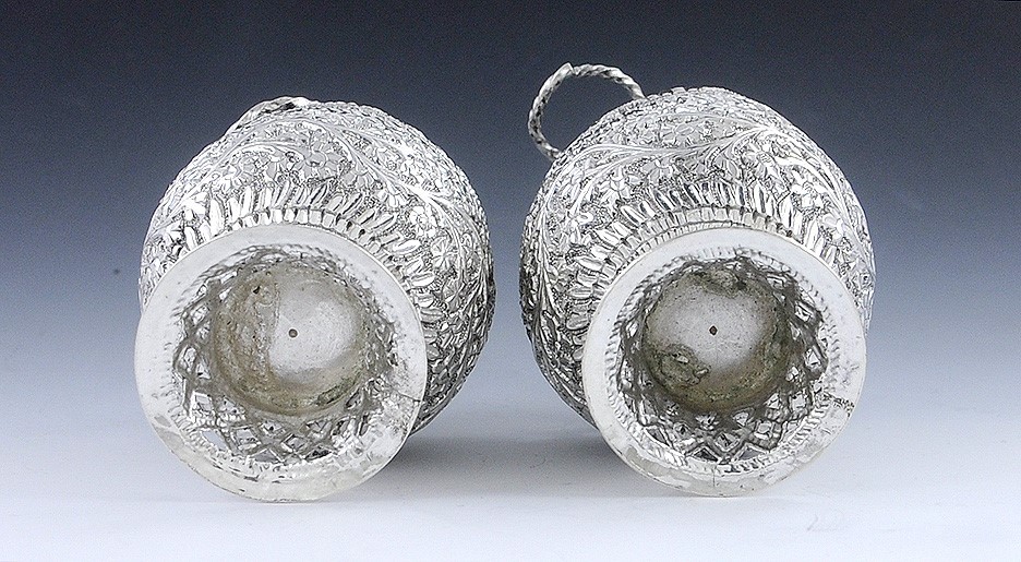 Great Antique Pair Silver Openwork Egg-Form Baskets - India? c1870s