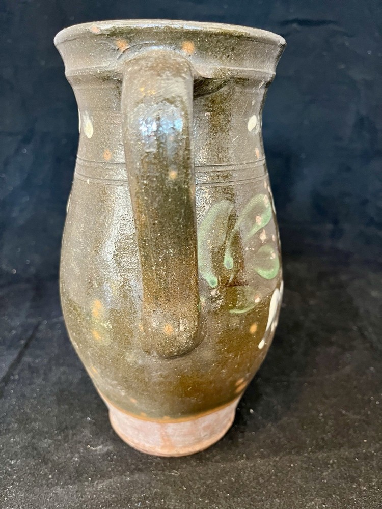 Fantastic Circa 1800’s Redware Milk Pitcher. Applied Handle Painted Florals.