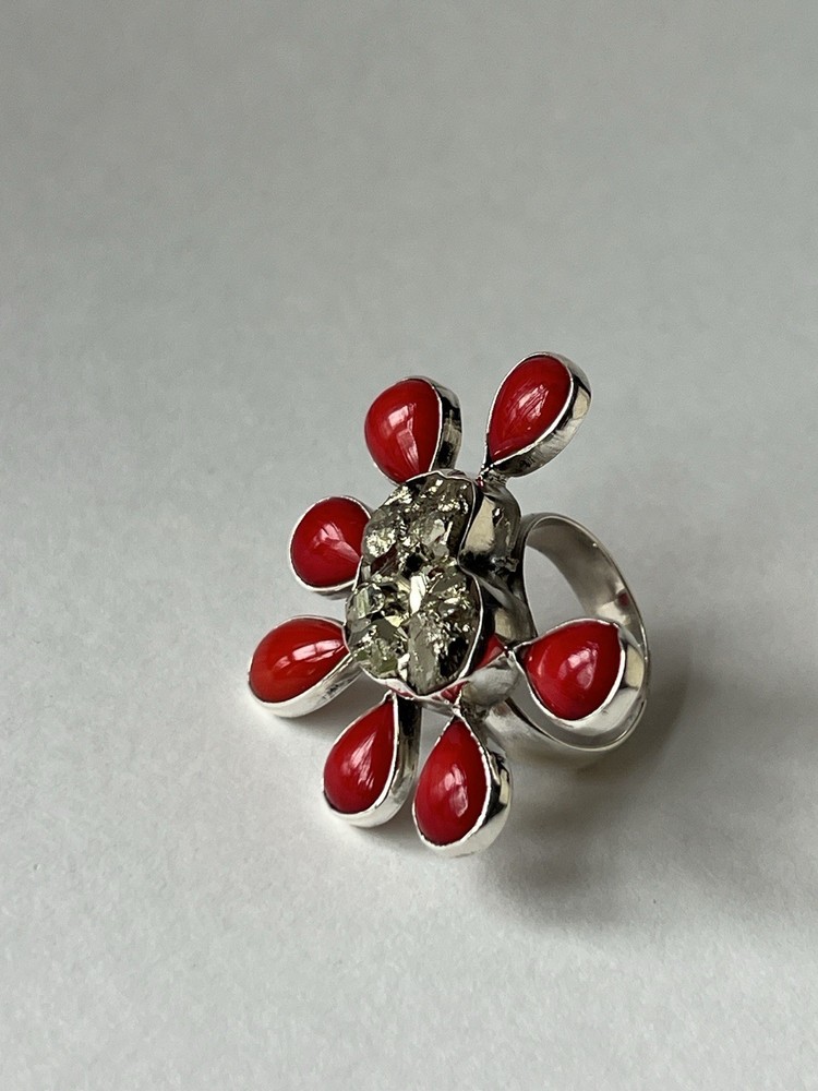 Pyrite & Red Coral Ring 925 Sterling Silver Adjustable Artisan Statement