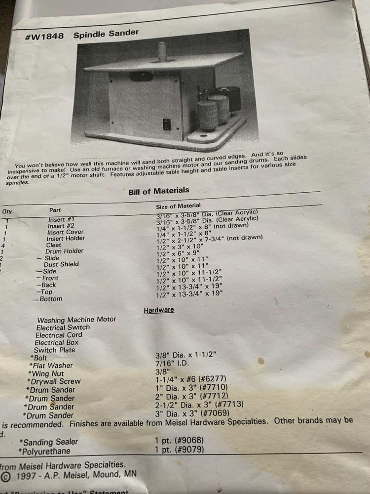 Vtg. Meisel Woodworking Pattern W1848 Spindle Sander (#9)