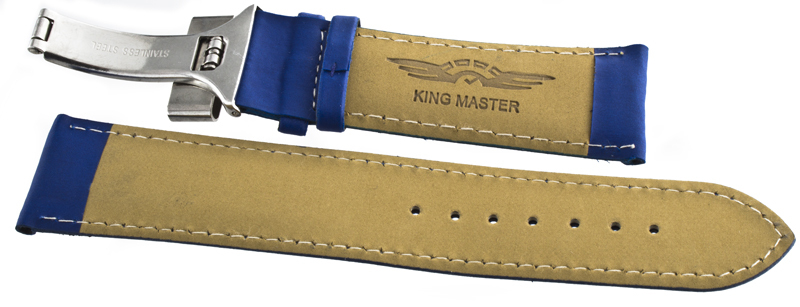 King Master 24mm Blue Leather Silver Buckle Watch Band Strap