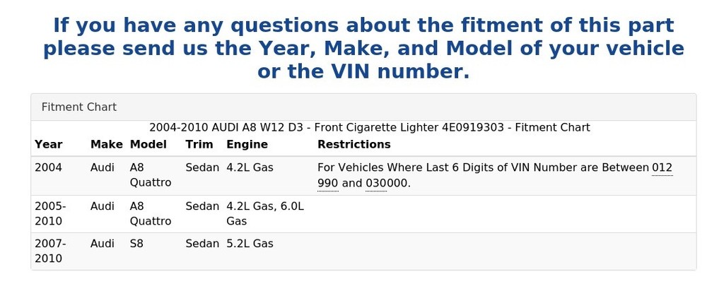 2004-2010 AUDI A8 W12 D3 - Front Cigarette Lighter 4E0919303