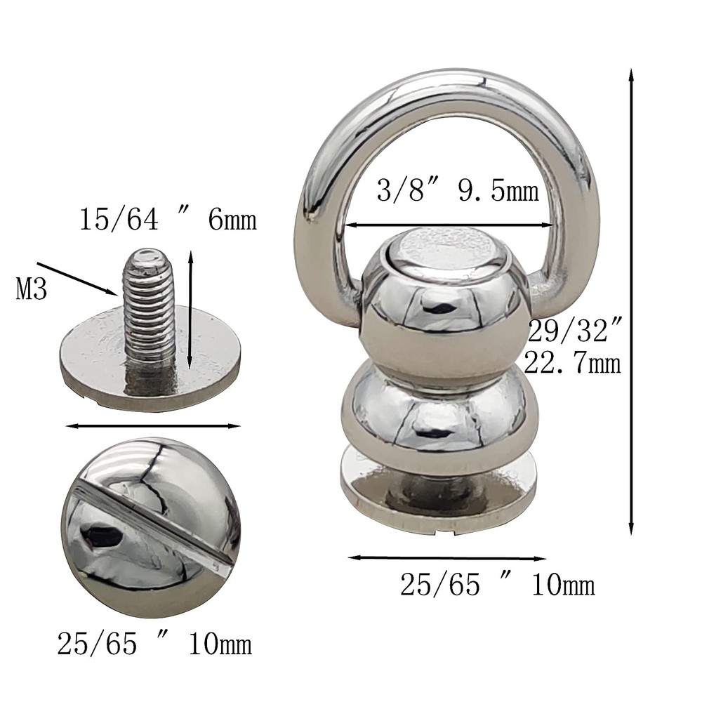 Solid Brass Ball Studs 6-Pack | 360° Rotating Leather Rivets with D-Ring & Ch...