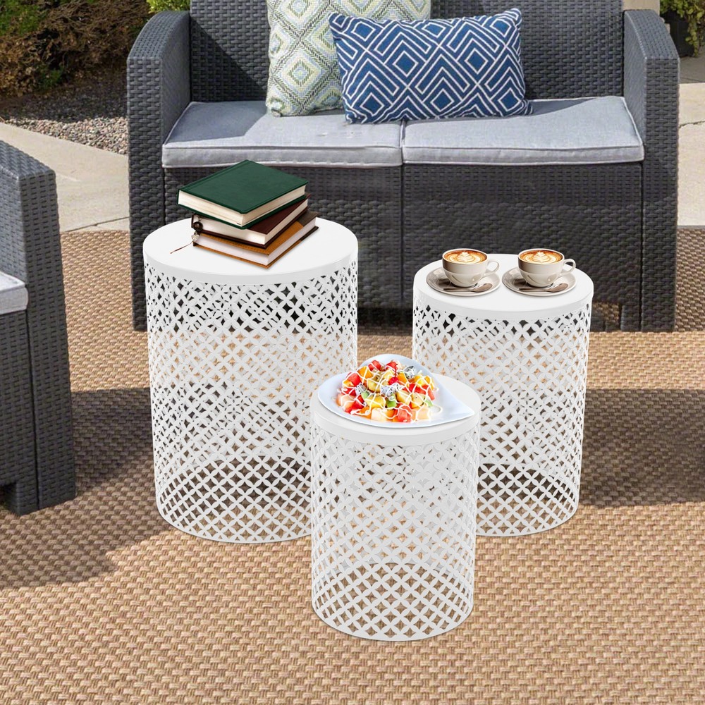 3pcs White Metal Frame Accent Table Modern Iron End Table Outdoor Side Table US