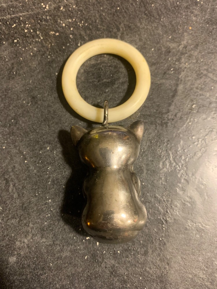Antique Silver Teething Ring Teddy Bear