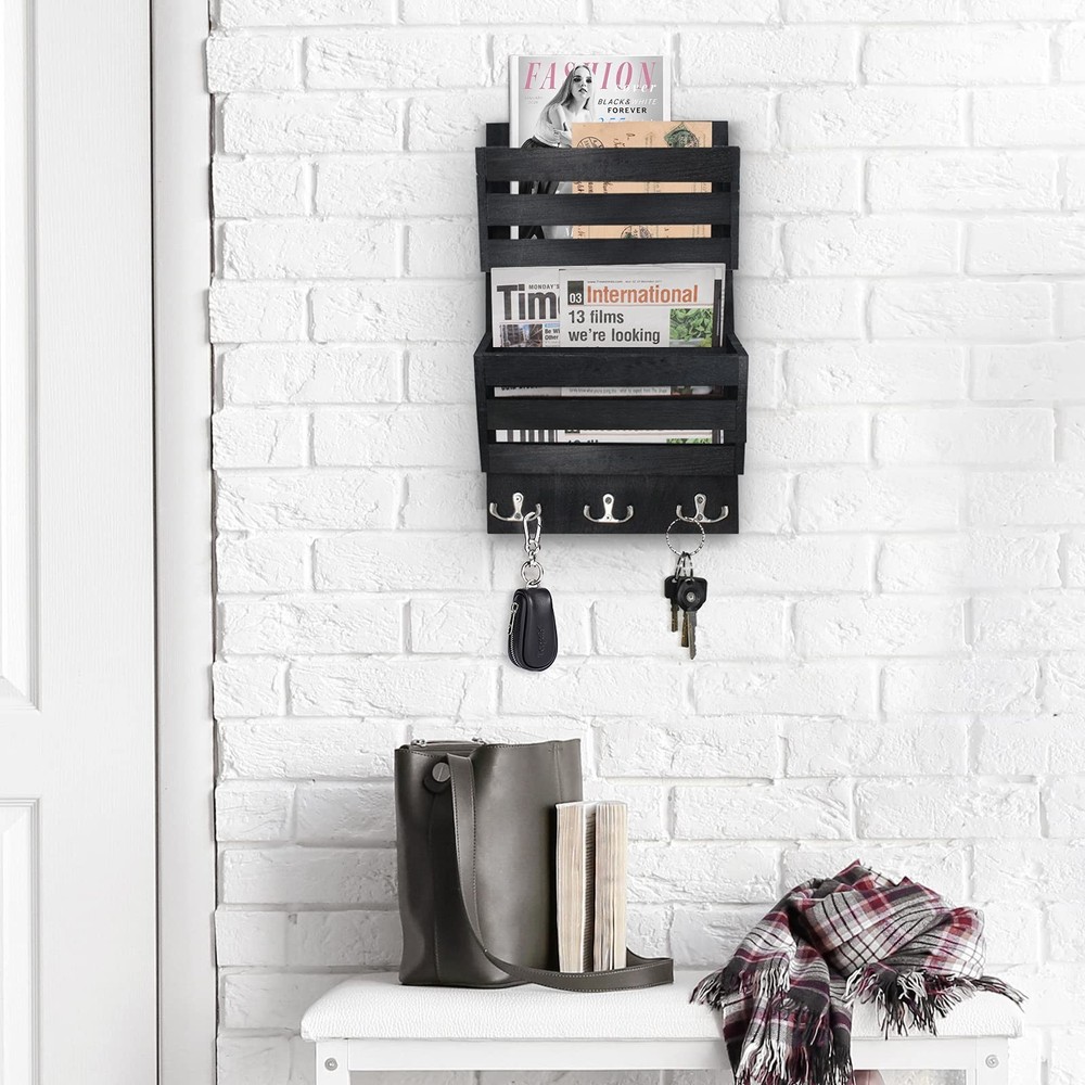 Rustic Mail Organizer Wall Mount with 4 Key Hooks,Mail Holder Wall Mounted，Ha...