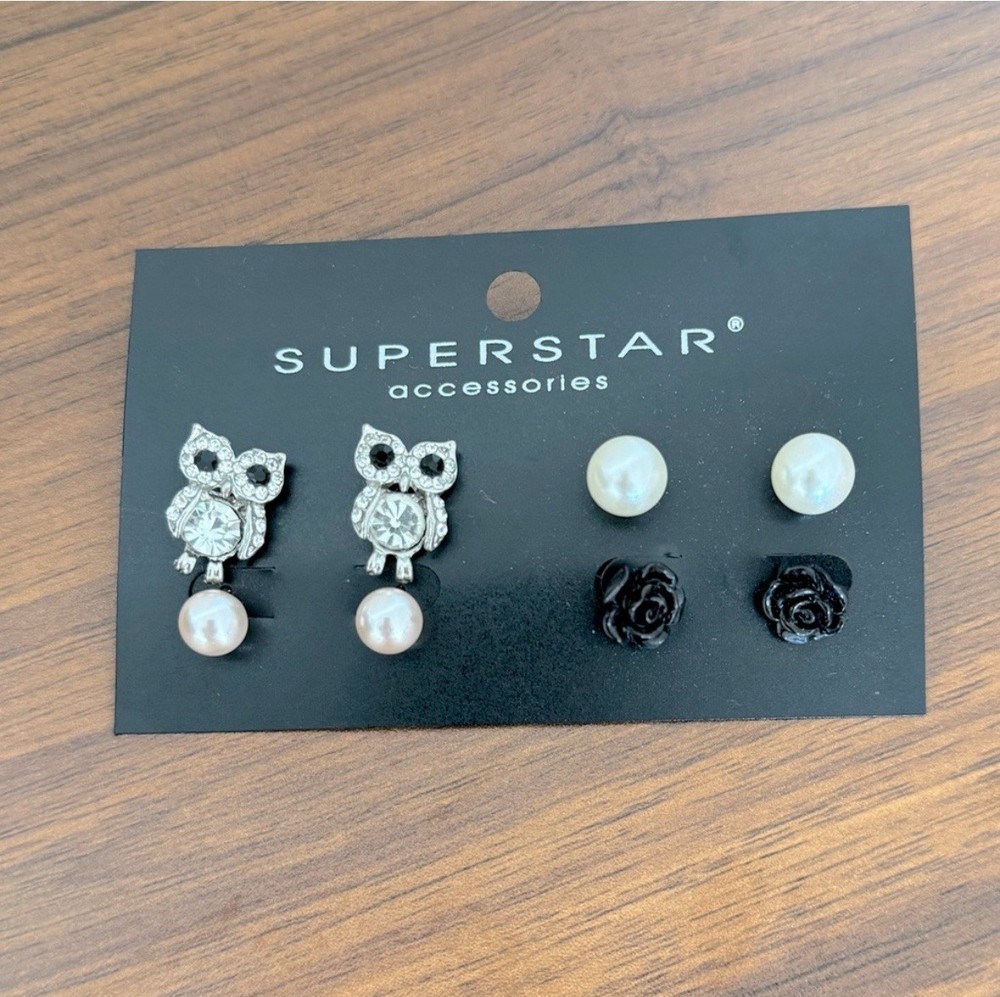 Owl Rose Pearl Stud Earring Set