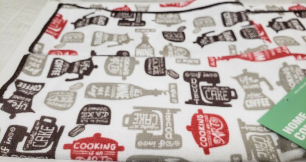 2 PRINTED MICROFIBER KITCHEN TOWELS (15"x25") INSPIRATIONAL KITCHEN PHRASES,HC