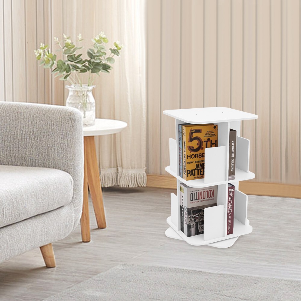2-Tier Rotating Bookshelf - Compact White Bookcase for Corner Storage