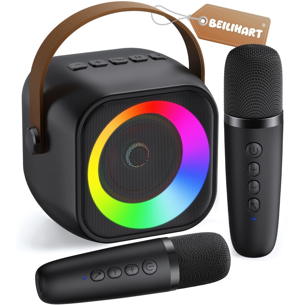 Mini Karaoke Machine, Portable Bluetooth Speaker 2 Mics, Black 2 Mics