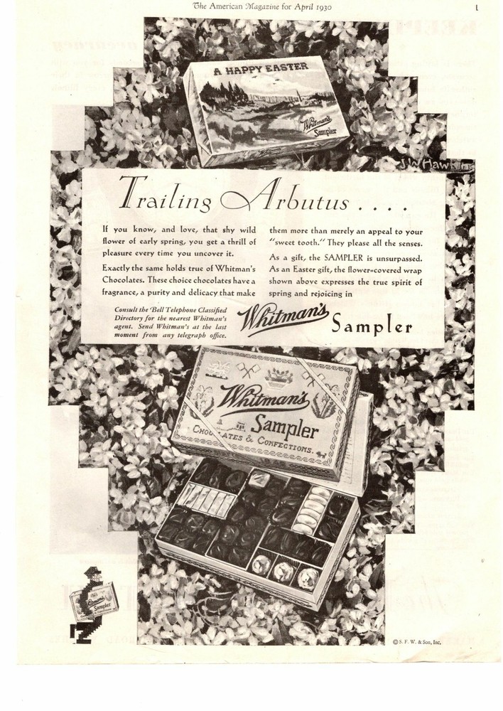 1930 Whitman's Chocolates Candy Sampler Trailing Arbutus Mayflower Print Ad