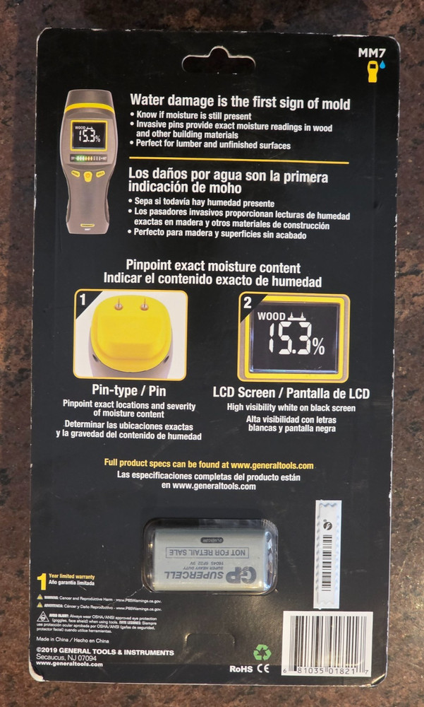 General Tools MM7 Pin Type Digital Moisture Meter for Water Damage Detection