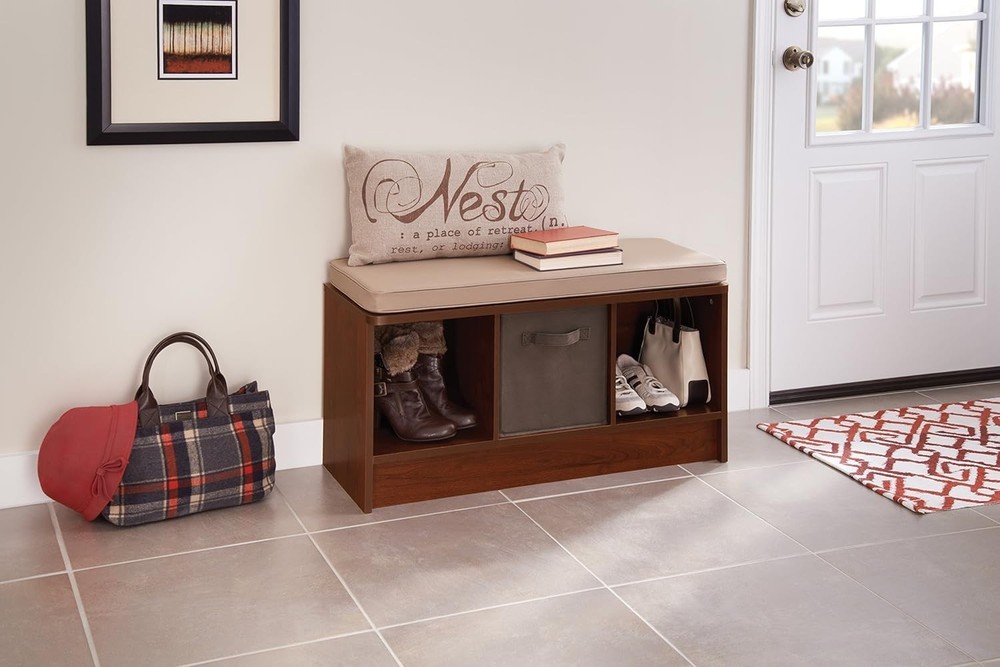 Functional 3-Cube Storage Bench in Dark Cherry with Tan Cushion - Easy Assembly