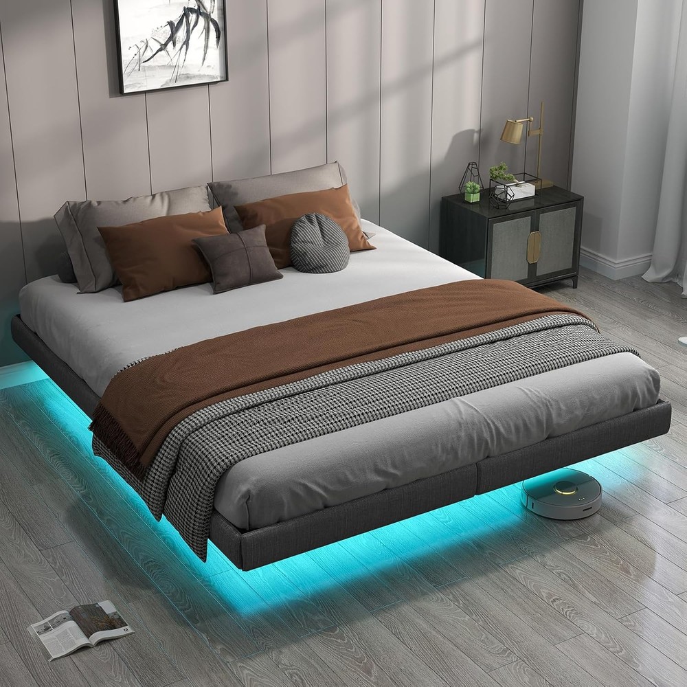 Floating Metal Bed Frame King with LED Lights, King Bed Frame Grey