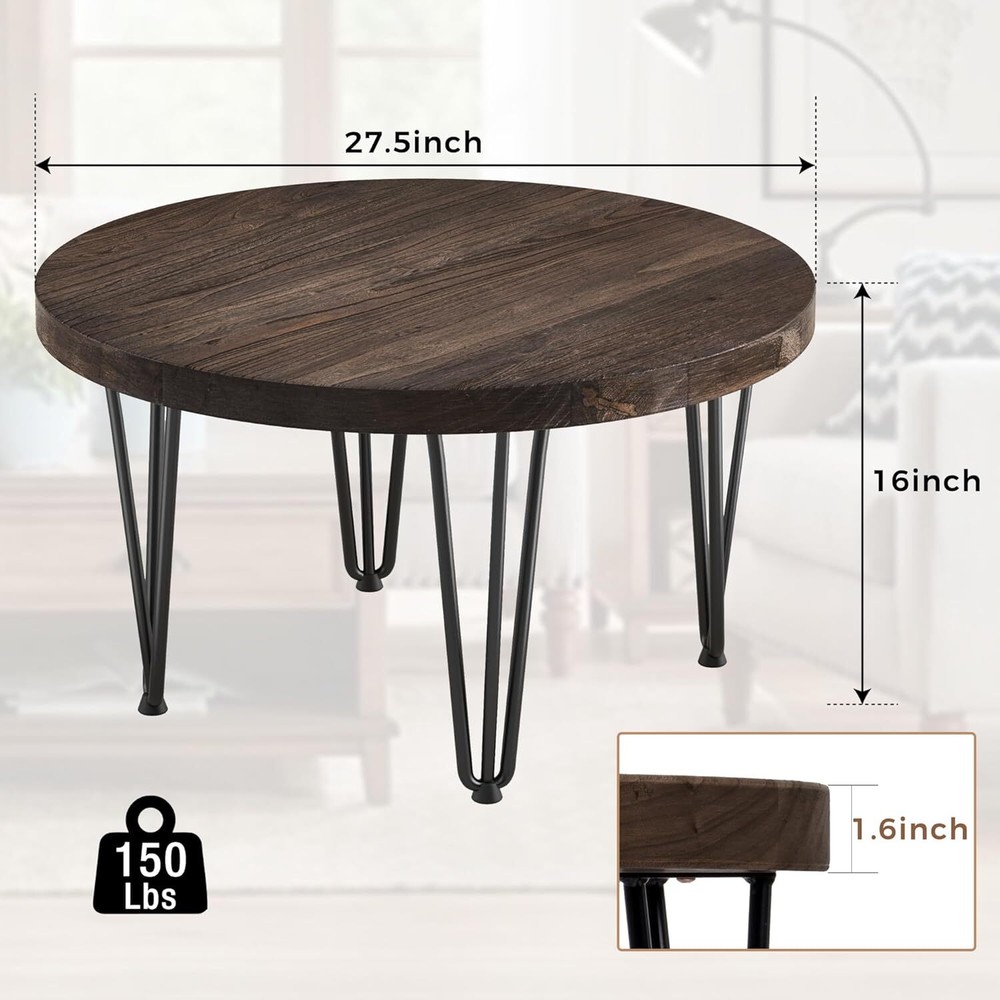 Rustic Wood Round Coffee Table with Metal Legs, Solid Elm Walnut