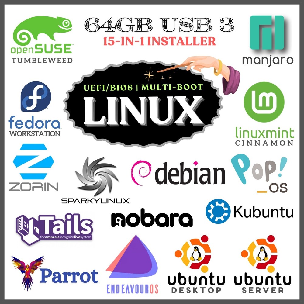 EPIC 15 Linux Distros, 64GB Multi-Boot MASTER USB, Fast Shipping | PACK # 1