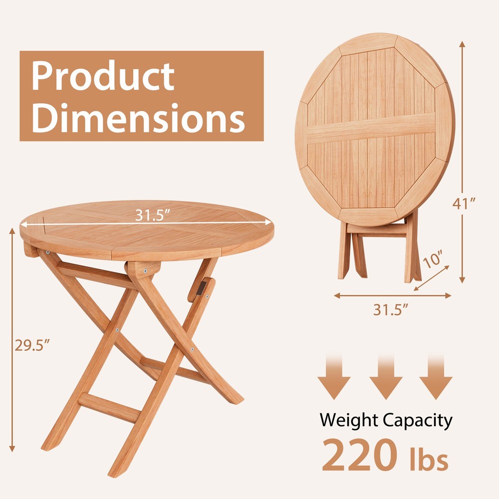 31.5-inch Round Outdoor Folding Table Patio Solid Teak Dining Table