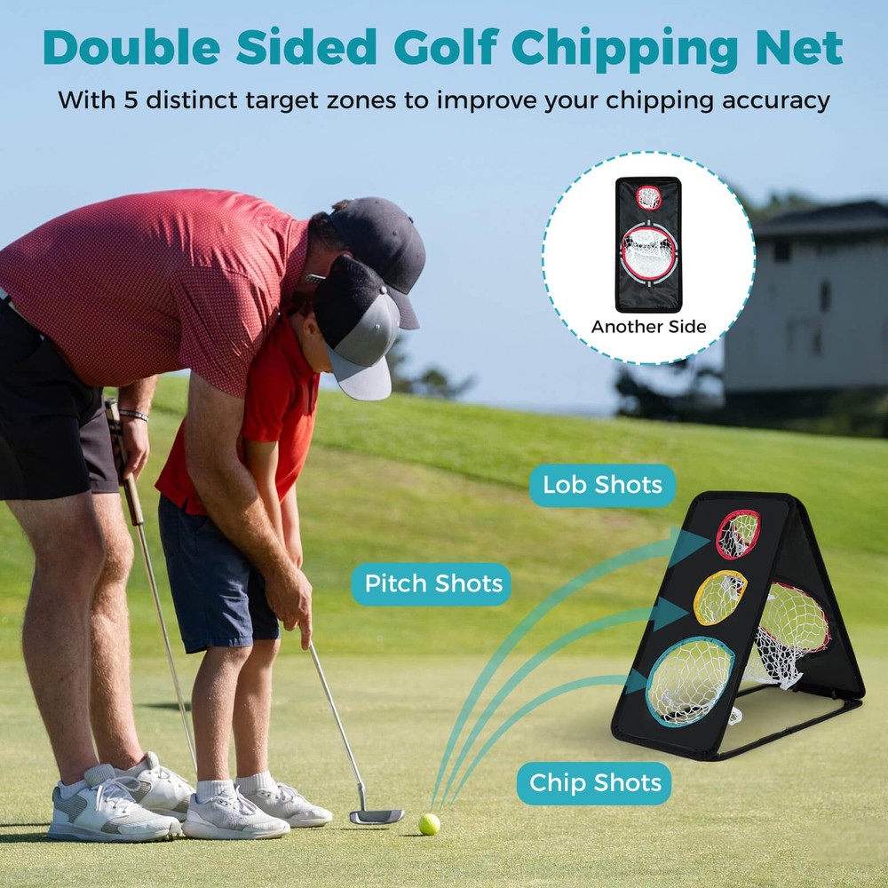 Dual-Sided Golf Chipping Net w/5 Target Holes Triangular Structure Oxford Fabric