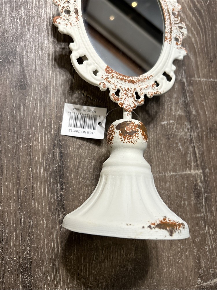 Victorian Tabletop Mirror, White, Brown, 5.5" Width x 3.5" Depth x 12" Tall