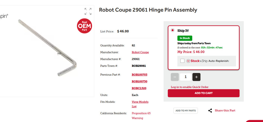 NEW Robot Coupe 29061 Hinge Pin Assembly