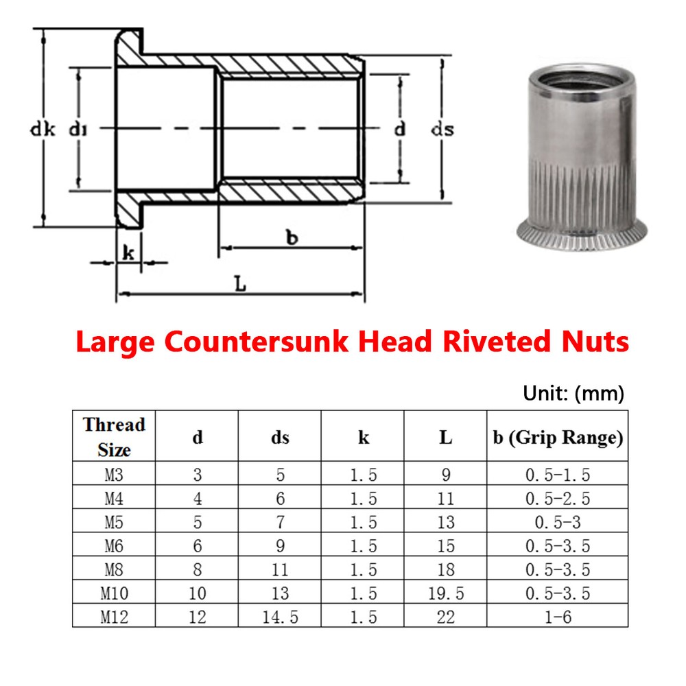 M3-M12 Threaded Riveted Nut Blind Nutserts Rivnuts Countersunk Flat A2 Stainless